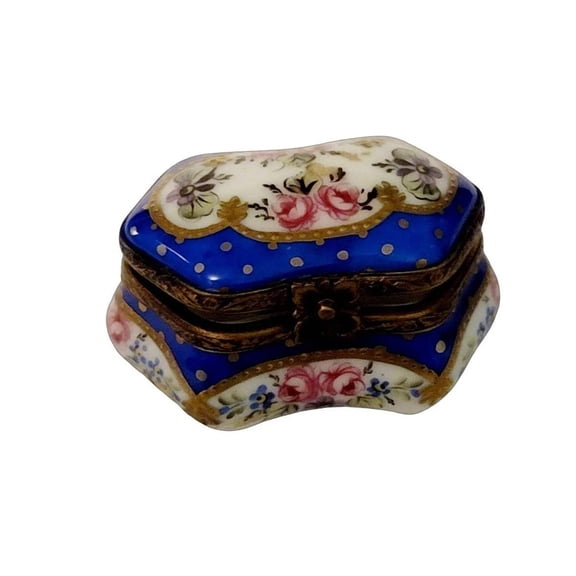 Blue Hexagonal Trinket Box for Elegant Decor Limoges Box Porcelain Figurine