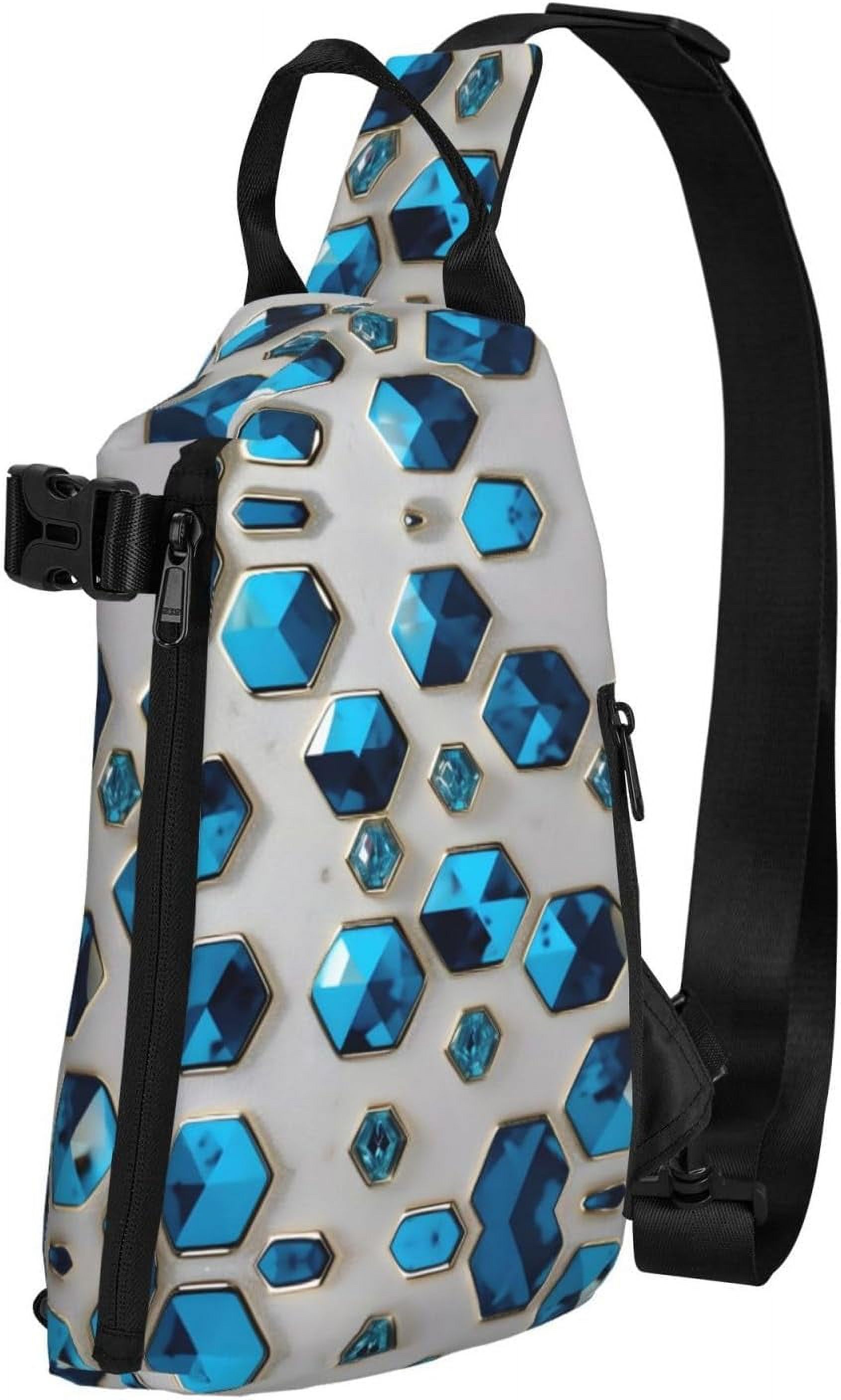 Blue Hexagons and Diamonds Print Sling Bag, Sling Backpack,Crossbody