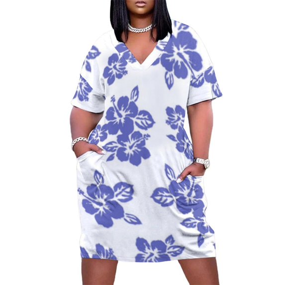 Blue Hibiscus Floral White Background Women's Loose Short Sleeve Dress Casual Summer Plus Size Long Dresses with Pockets