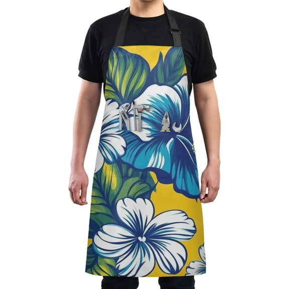 Blue Hibiscus Flowers on Yellow Chef Kitchen Apron with Pockets for Women Waterproof Aprons for Cooking Baking