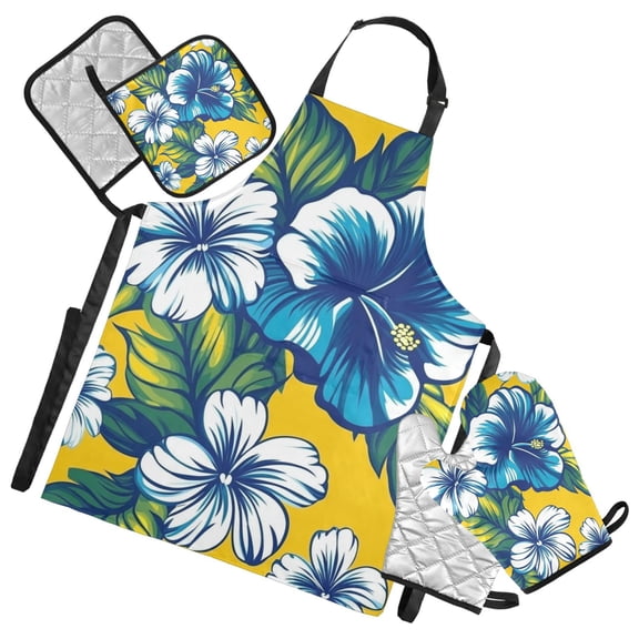 Blue Hibiscus Flowers on Yellow Oven Mitts and Pot Holders with Chef Apron Set 5 Pcs Kitchen Cooking Set