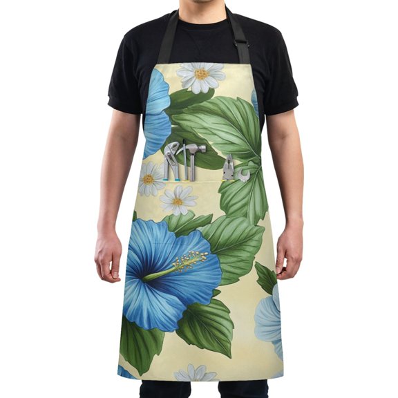 Blue Hibiscus Flowers with Leaves Chef Kitchen Apron with Pockets for Women Waterproof Aprons for Cooking Baking