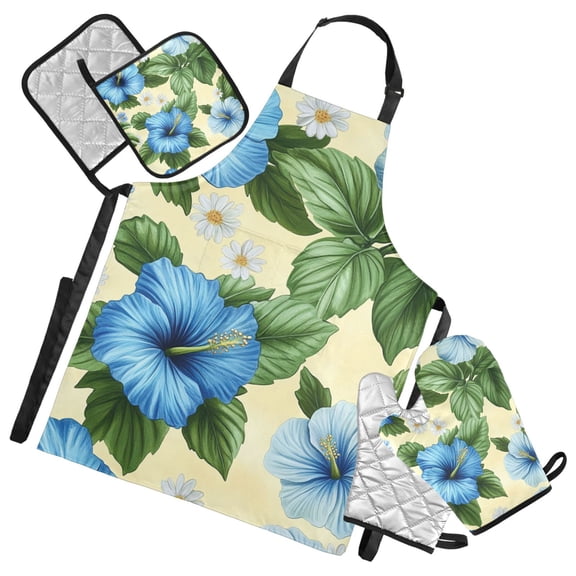Blue Hibiscus Flowers with Leaves Oven Mitts and Pot Holders with Chef Apron Set 5 Pcs Kitchen Cooking Set
