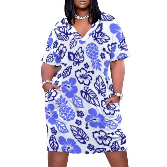 Blue Hibiscus Pineapple Floral Pattern Summer Sundress for Curve Women Casual Pattern Plus Size V Neck Short Sleeve Loose Fit Oversize Dresses