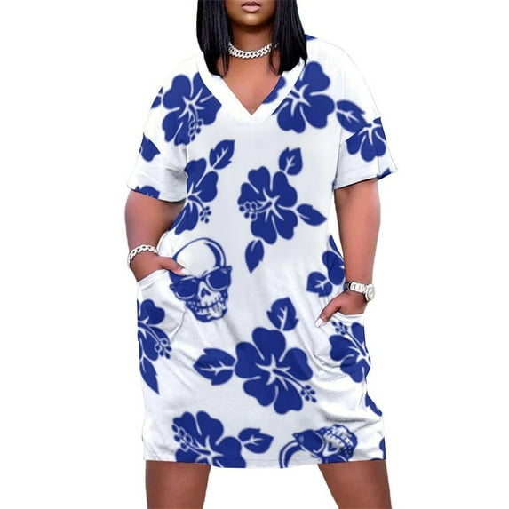 Blue Hibiscus Skulls White Background Women's Summer Short Sleeve Casual Dresses Party Dress