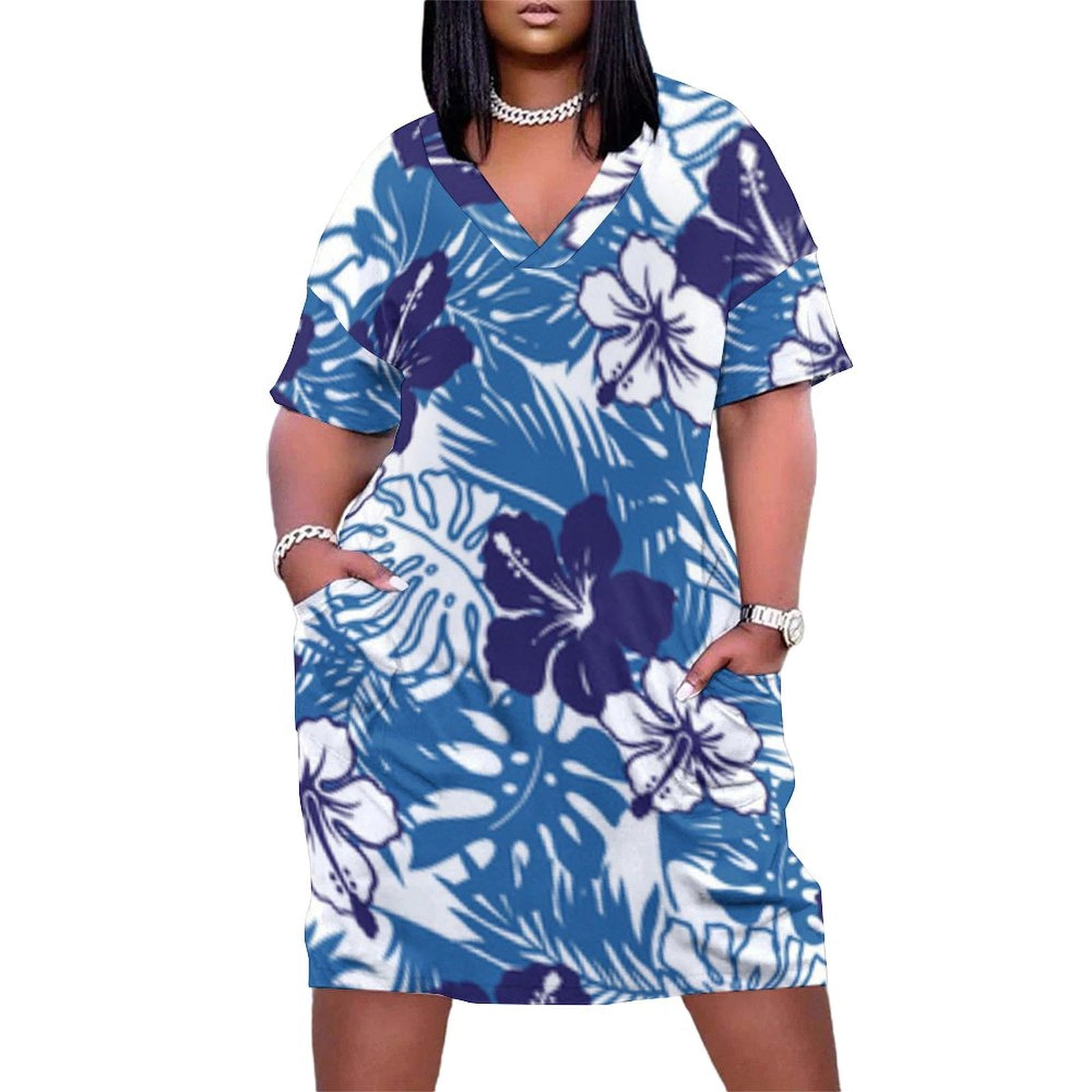 Blue Hibiscus Tropical Floral Print Summer Sundress for Curve Women — free download
