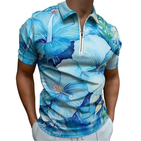 Blue Hibiscus Watercolor Men Zipper T-shirt Summer Casual Short Sleeve T-shirt Top