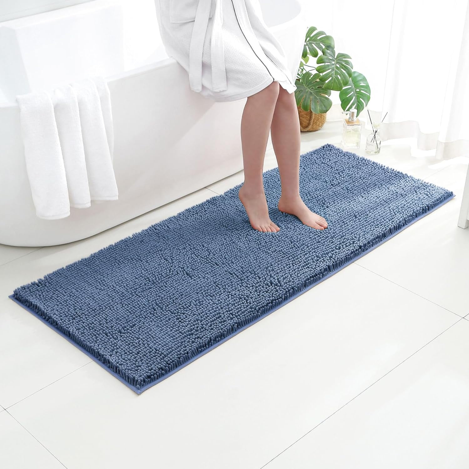 Blue High Pile Chenille Runner Rug, 24" x 60", Non-Slip Bath Mat ...