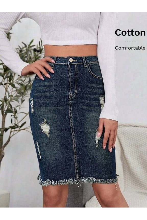 Blue High Waist Ripped Denim Midi Skirt With Fringe Hem