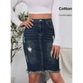 thumbnail image 1 of Blue High Waist Ripped Denim Midi Skirt With Fringe Hem, 1 of 12