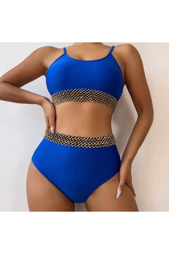 Blue High-Waist Two-Piece Bikini Set With Gold-Tone Chain Embellishment