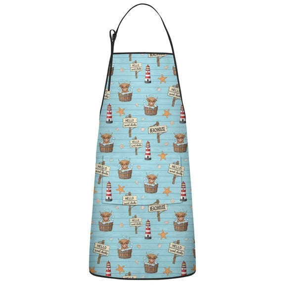 Blue Highland Cow Bathtub Starfish Pattern Apron-Garden Aprons for Women with Pockets-Cotton Linen Waterproof Kitchen Cooking Gardening Aprons Adjustable for Kitchen,Cooking,BBQ and Salon 33x27 Inch