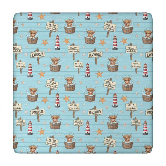 Blue Highland Cow Bathtub Starfish Pattern Square Fitted Tablecloth with Elastic Edge,Square Table Cover,Washable Elastic Table Cover for Home Kitchen Party Decor 34"x34"