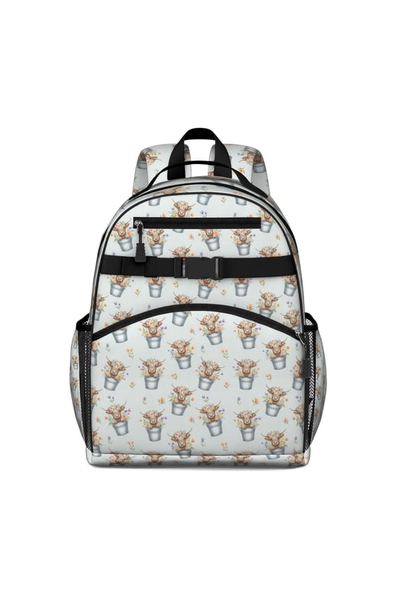 Blue Highland Cow Bucket Flower Pattern Backpack for School,Cute School Bag,Schoolbag with Adjustable Shoulder Straps & Padded Back,15.25"x11.5"x5.25"