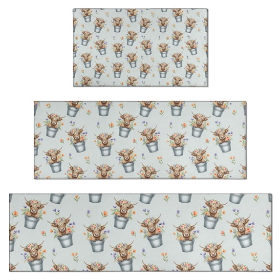 Blue Highland Cow Bucket Flower Pattern Kitchen Rugs Sets Of 3,Kitchen Runner Rugs Non Skid Washable,Decorative Kitchen Floor Mats for Kitchen,Sink,Laundry,17"x30"+ 17"x47" + 17"x59"