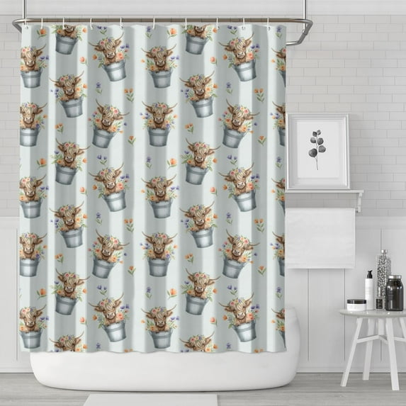 Blue Highland Cow Bucket Flower Pattern Shower Curtain 84"x72" ,Bathroom Decorative Shower Curtains Set with 12 Hooks,Modern Waterproof Washable Shower Curtain
