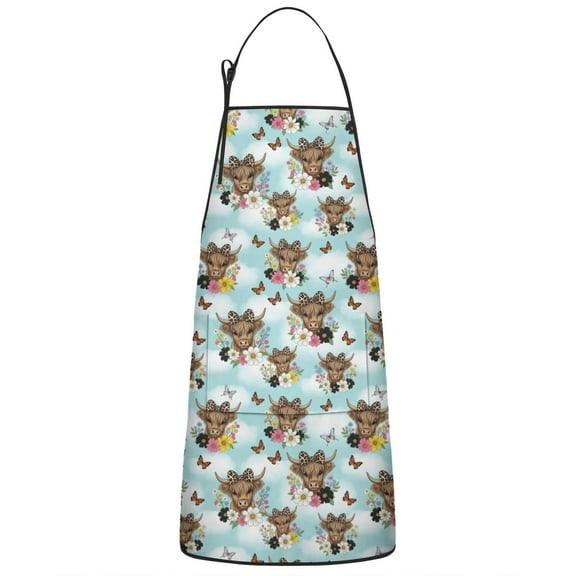 Blue Highland Cow Flower Butterfly Pattern Apron-Garden Aprons for Women with Pockets-Cotton Linen Waterproof Kitchen Cooking Gardening Aprons Adjustable for Kitchen,Cooking,BBQ and Salon 33x27 Inch