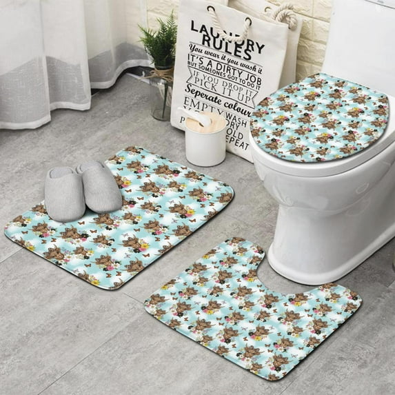 Blue Highland Cow Flower Butterfly Pattern Bathroom Rugs Sets 3 Piece,Toilet Cover Set,Absorbent Non Slip Bathroom Mats Sets with U-Shaped Contour Rug Toilet Rug Set