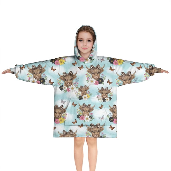 Blue Highland Cow Flower Butterfly Pattern Blanket Hoodies for Kids 6-13YR Oversize Wearable Blanket Hoodies for Boys Girls Teens