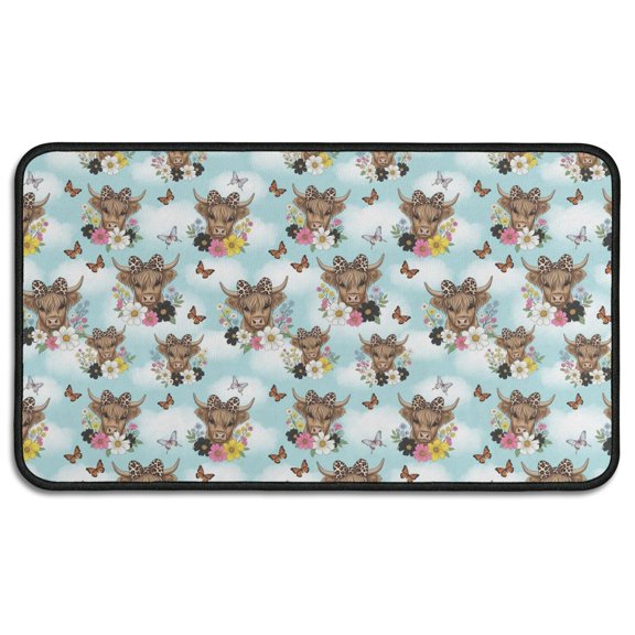 Blue Highland Cow Flower Butterfly Pattern Door Rugs,Washable Non Slip Door Mats Indoor,Decorative Door Mats,Entry Mat Indoor for Entrance,Bedroom,Kitchen,Bathroom,30"x17"