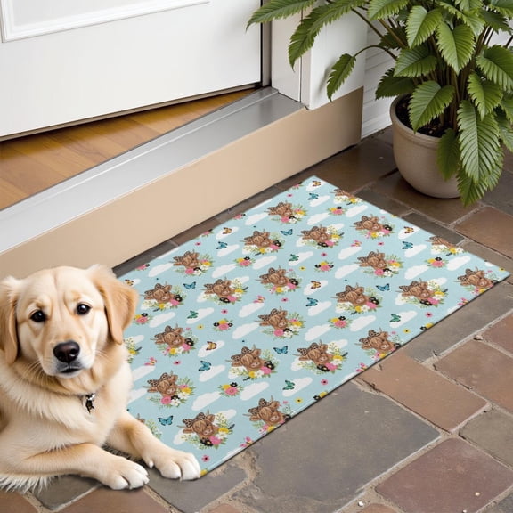 Blue Highland Cow Flower Butterfly Pattern Door Rugs,Washable Non Slip Door Mats Indoor,Decorative Door Mats,Entry Mat Indoor for Entrance,Bedroom,Kitchen,Bathroom,16"x24"