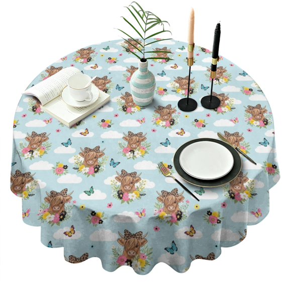 Blue Highland Cow Flower Butterfly Pattern Round Tablecloth 60"x60",Wrinkle Wipeable Table Cloth for Kitchen Dining Room Picnic Patio Party