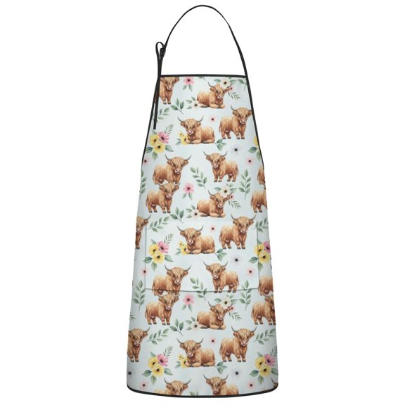 Blue Highland Cow Flower Leaf Pattern Apron-Garden Aprons for Women with Pockets-Cotton Linen Waterproof Kitchen Cooking Gardening Aprons Adjustable for Kitchen,Cooking,BBQ and Salon 33x27 Inch