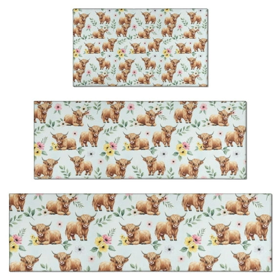 Blue Highland Cow Flower Leaf Pattern Kitchen Rugs Sets Of 3,Kitchen Runner Rugs Non Skid Washable,Decorative Kitchen Floor Mats for Kitchen,Sink,Laundry,17"x30"+ 17"x47" + 17"x59"