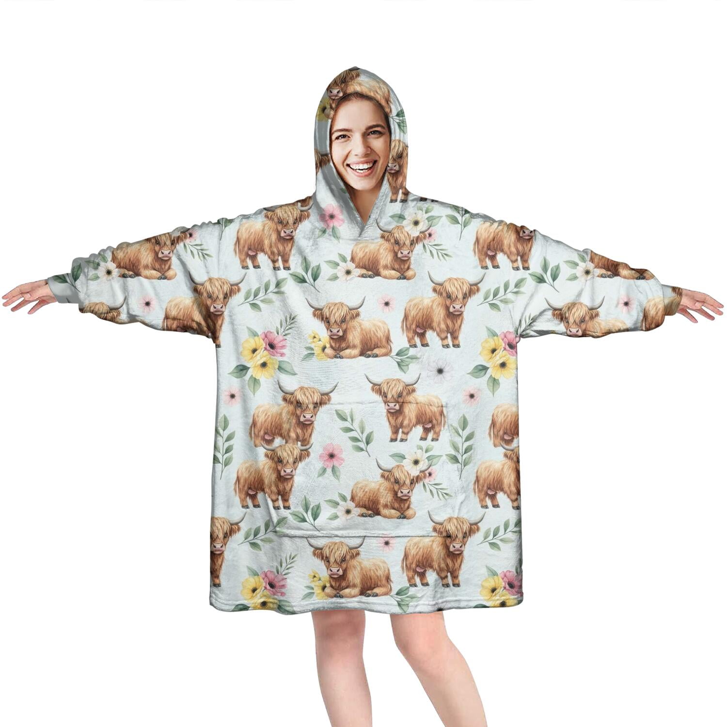 Blue Highland Cow Flower Leaf Pattern Wearable Oversized Blanket,Wearable Blanket Hoodie for Adults,Cozy Hooded Blankets with Super Pockets,Super Warm Fuzzy Pullover for Women & Men