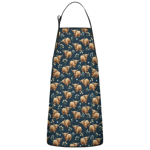 Blue Highland Cow Flower Pattern Apron-Garden Aprons for Women with Pockets-Cotton Linen Waterproof Kitchen Cooking Gardening Aprons Adjustable for Kitchen,Cooking,BBQ and Salon 33x27 Inch