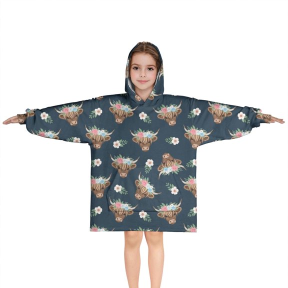 Blue Highland Cow Flower Pattern Blanket Hoodies for Kids 6-13YR Oversize Wearable Blanket Hoodies for Boys Girls Teens