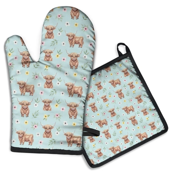 Blue Highland Cow Flower Pattern Kitchen Oven Mitt and Pot Holder Sets 2 Pcs for Baking, Cooking and Grilling, Heat Resistant Up To 392 °F
