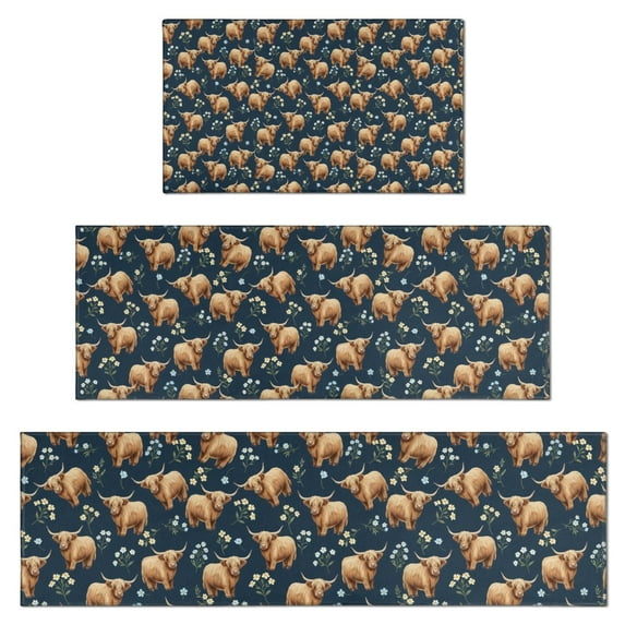 Blue Highland Cow Flower Pattern Kitchen Rugs Sets Of 3,Kitchen Runner Rugs Non Skid Washable,Decorative Kitchen Floor Mats for Kitchen,Sink,Laundry,17"x30"+ 17"x47" + 17"x59"