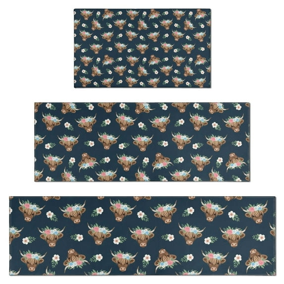 Blue Highland Cow Flower Pattern Kitchen Rugs Sets Of 3,Kitchen Runner Rugs Non Skid Washable,Decorative Kitchen Floor Mats for Kitchen,Sink,Laundry,17"x30"+ 17"x47" + 17"x59"