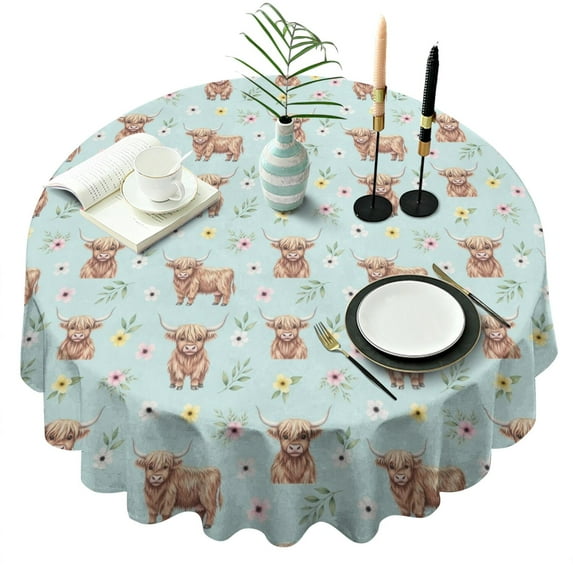 Blue Highland Cow Flower Pattern Round Tablecloth 60"x60",Wrinkle Wipeable Table Cloth for Kitchen Dining Room Picnic Patio Party