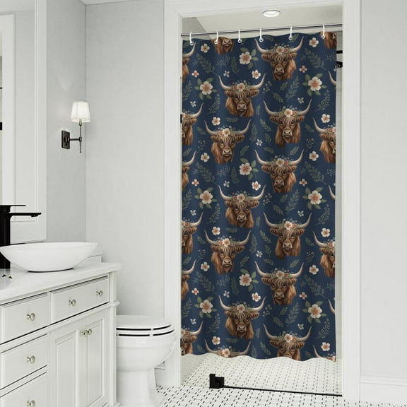 Blue Highland Cow Flower Pattern Shower Curtain 36"x72" ,Bathroom Decorative Shower Curtains Set with 12 Hooks,Modern Waterproof Washable Shower Curtain