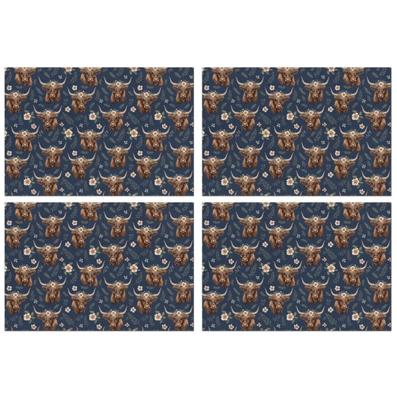 Blue Highland Cow Flower Pattern Summer Placemats Table Placemats Set Of 4-Linen Kitchen Washable Placemats Table Mats 11.8"x17.7" Non-Slip Heat Resistant