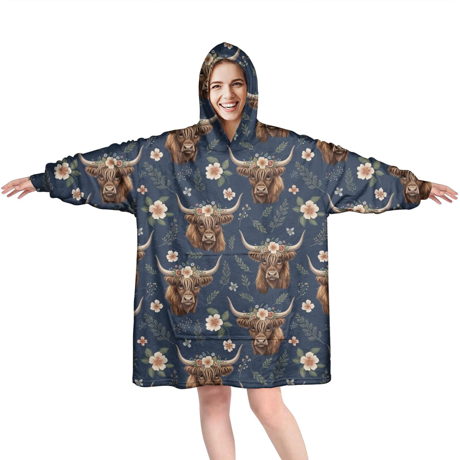 Blue Highland Cow Flower Pattern Wearable Oversized Blanket,Wearable Blanket Hoodie for Adults,Cozy Hooded Blankets with Super Pockets,Super Warm Fuzzy Pullover for Women & Men