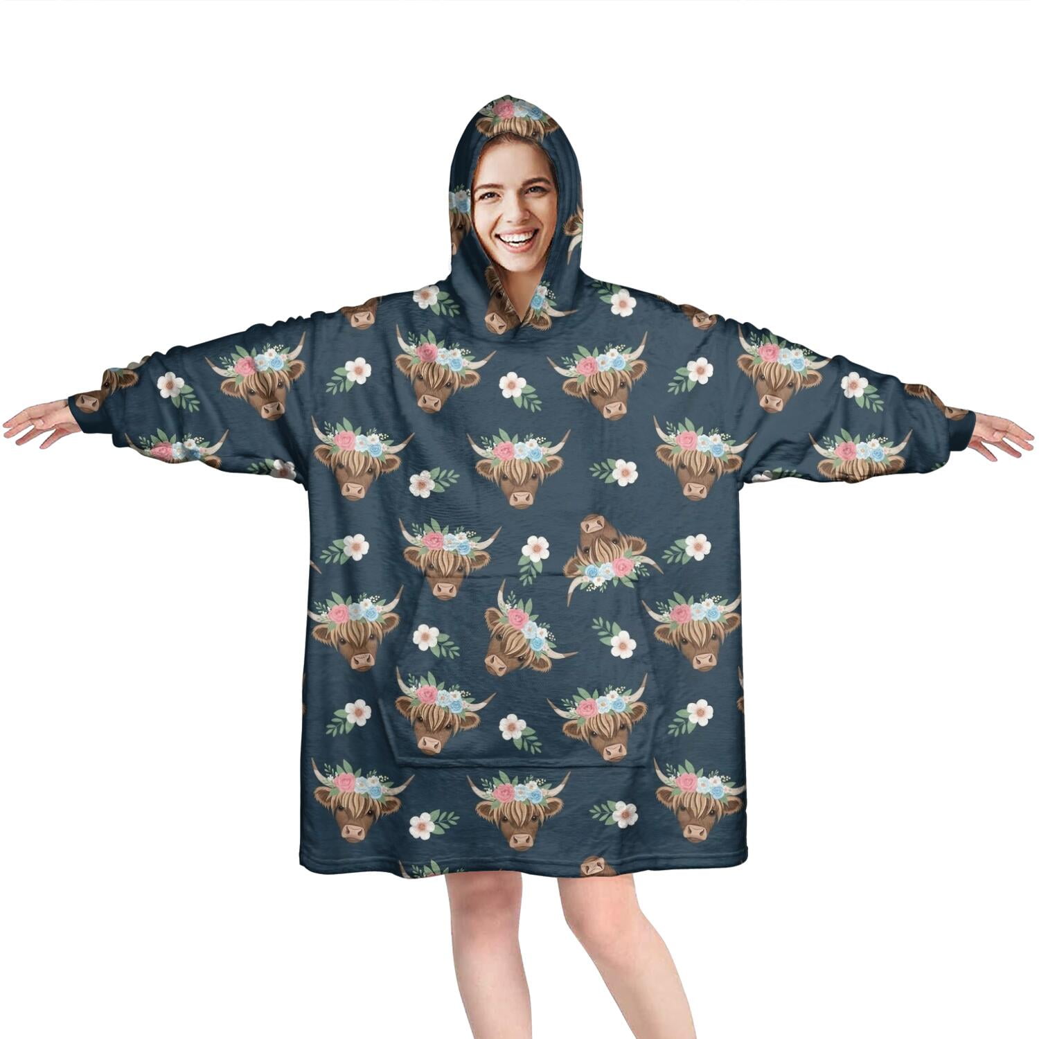 Blue Highland Cow Flower Pattern Wearable Oversized Blanket,Wearable Blanket Hoodie for Adults,Cozy Hooded Blankets with Super Pockets,Super Warm Fuzzy Pullover for Women & Men