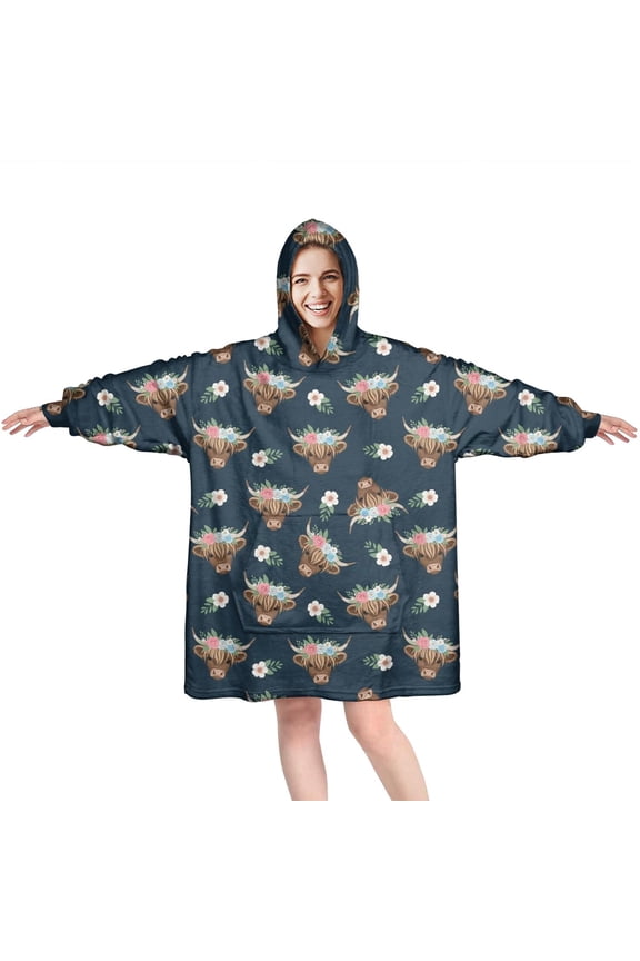 Blue Highland Cow Flower Pattern Wearable Oversized Blanket,Wearable Blanket Hoodie for Adults,Cozy Hooded Blankets with Super Pockets,Super Warm Fuzzy Pullover for Women & Men