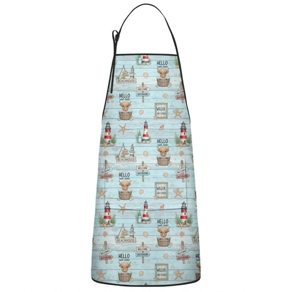 Blue Highland Cow Lighthouse Beach Pattern Apron-Garden Aprons for Women with Pockets-Cotton Linen Waterproof Kitchen Cooking Gardening Aprons Adjustable for Kitchen,Cooking,BBQ and Salon 33x27 Inch