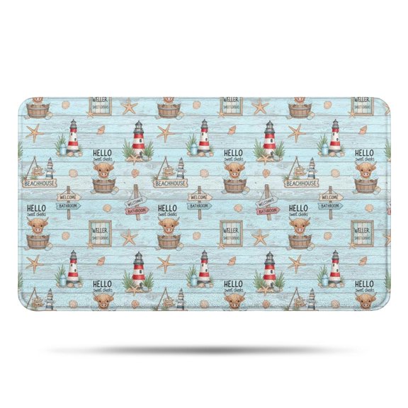 Blue Highland Cow Lighthouse Beach Pattern Bathroom Rugs Mat,Non Slip Microfiber Bathroom Rug,Rubber Backing,Soft Bathroom Mats for Bathroom Floor,Tub and Shower,17x30in(43x75cm)