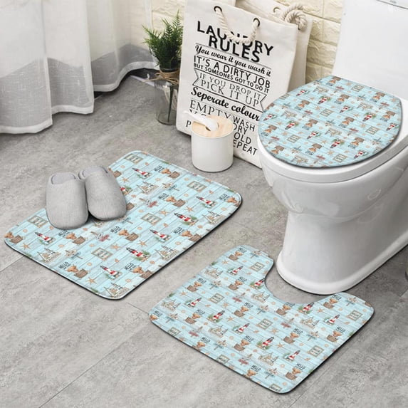 Blue Highland Cow Lighthouse Beach Pattern Bathroom Rugs Sets 3 Piece,Toilet Cover Set,Absorbent Non Slip Bathroom Mats Sets with U-Shaped Contour Rug Toilet Rug Set