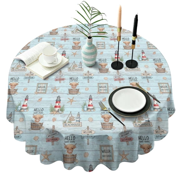 Blue Highland Cow Lighthouse Beach Pattern Round Tablecloth 60"x60",Wrinkle Wipeable Table Cloth for Kitchen Dining Room Picnic Patio Party