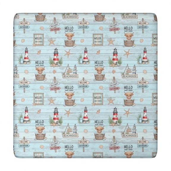 Blue Highland Cow Lighthouse Beach Pattern Square Fitted Tablecloth with Elastic Edge,Square Table Cover,Washable Elastic Table Cover for Home Kitchen Party Decor 34"x34"