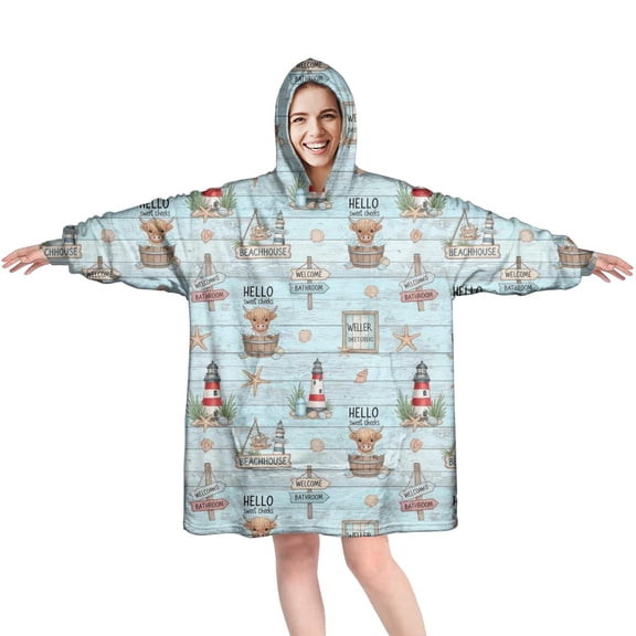 Blue Highland Cow Lighthouse Beach Pattern Wearable Oversized Blanket,Wearable Blanket Hoodie for Adults,Cozy Hooded Blankets with Super Pockets,Super Warm Fuzzy Pullover for Women & Men