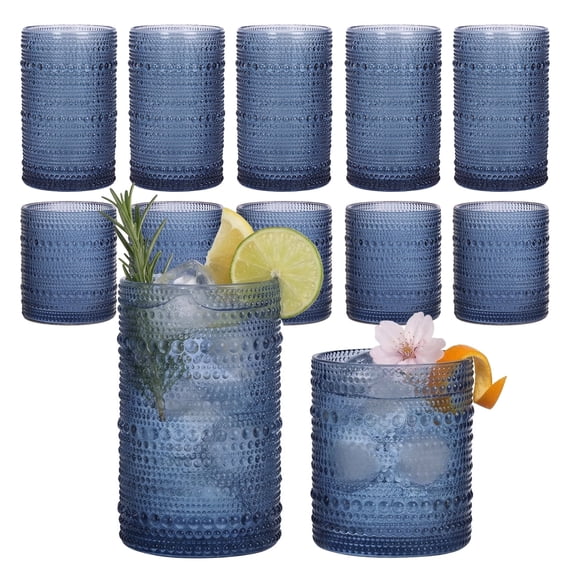 Blue Hobnail Drinking Glasses Set of 12, Embossed Glass Cups, 6 x 12 Oz & 6 x 10 Oz