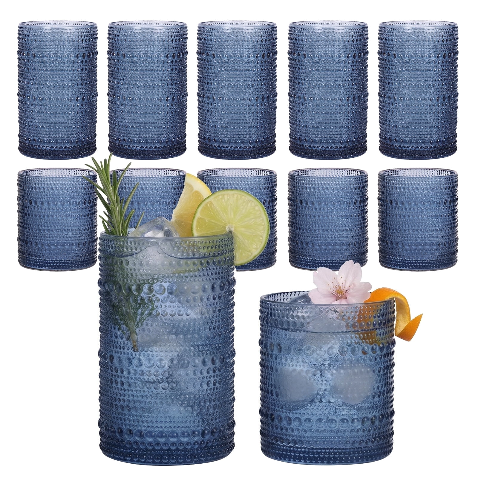 Blue Hobnail Drinking Glasses Set of 12, Embossed Glass Cups, 6 x 12 Oz & 6 x 10 Oz