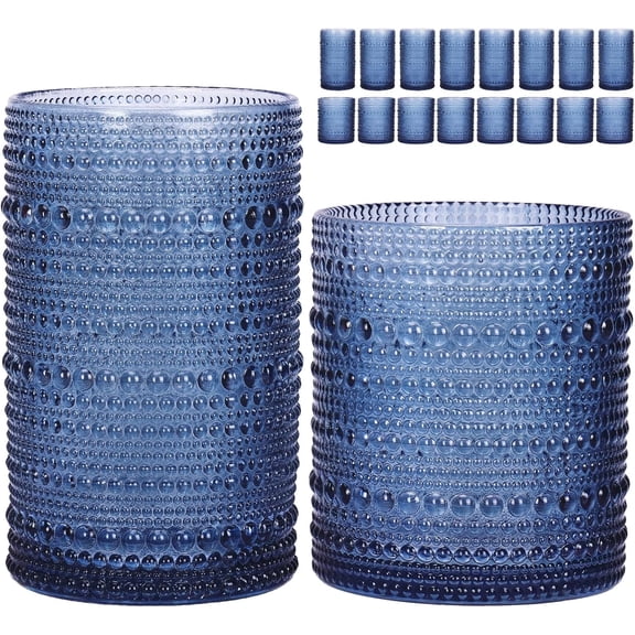 Blue Hobnail Drinking Glasses Set of 16, Embossed Glass Cups, 8 x 12 Oz & 8 x 10 Oz