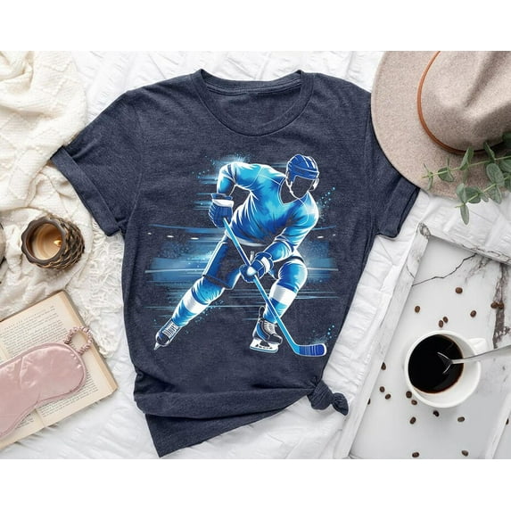 Blue Hockey Player Graphic T-Shirt: Action Sports Fan Gift All Size S-5Xl
